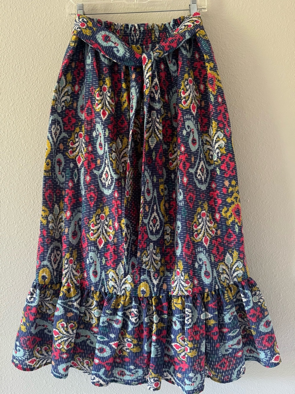 Anthropologie Navy Tiered Maxi Skirt with Pink & Yellow Motifs
